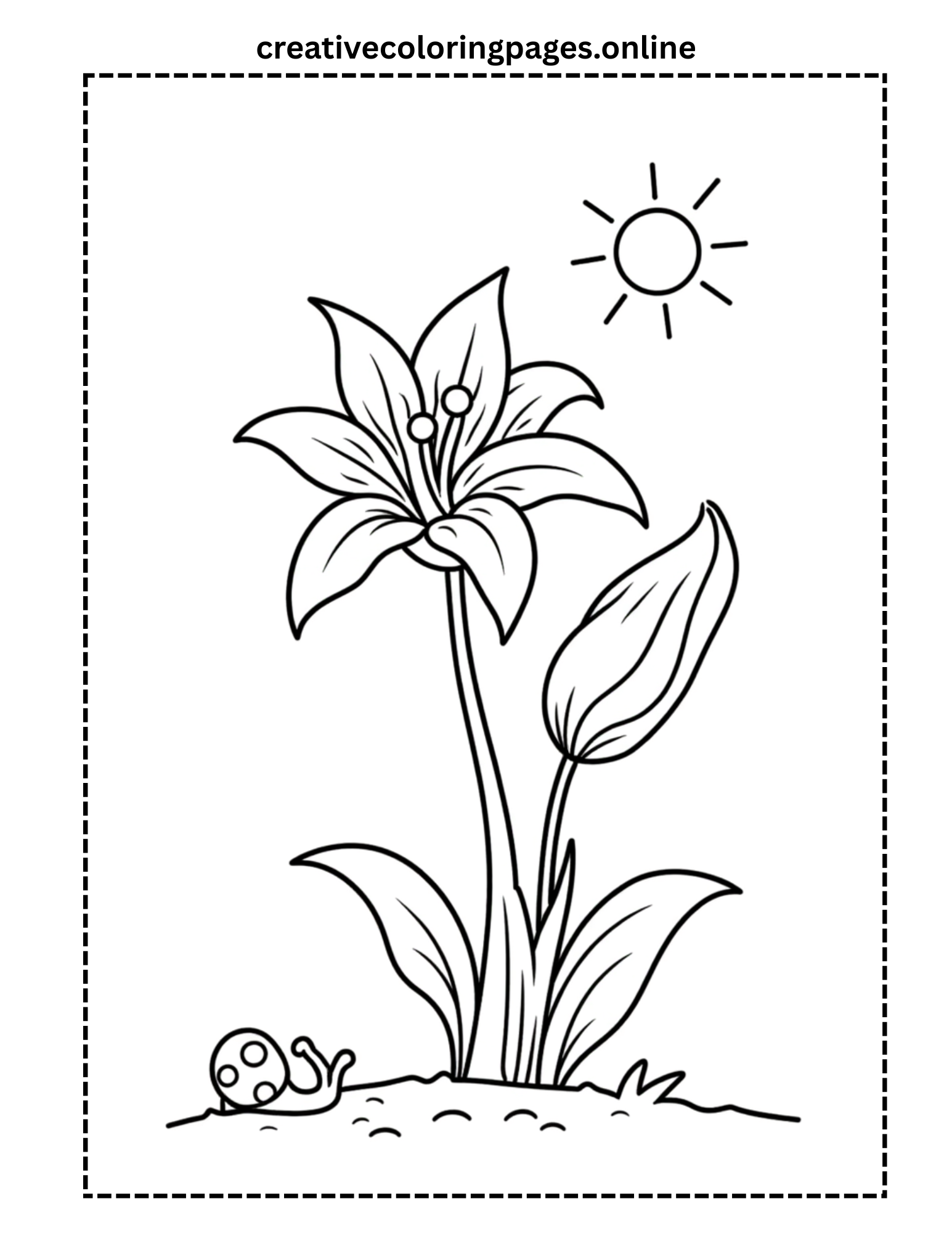 Lily Flower with Snail and Sunshine Coloring Page - Image 1