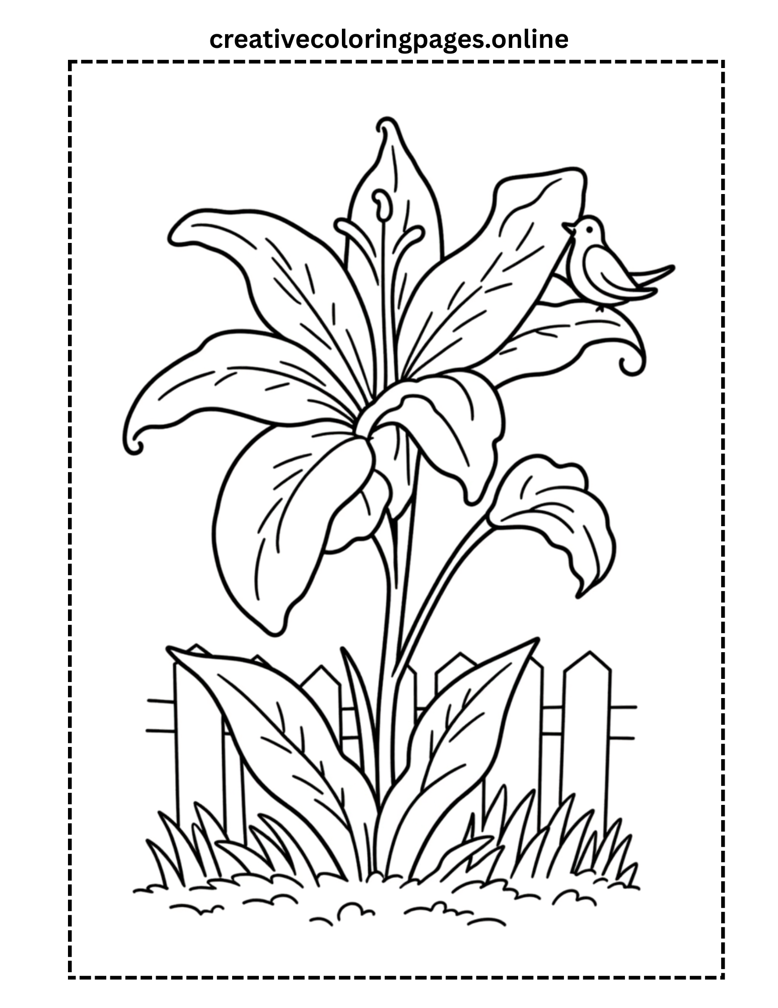 Lily Flower with Bird and Fence Coloring Page - Image 1