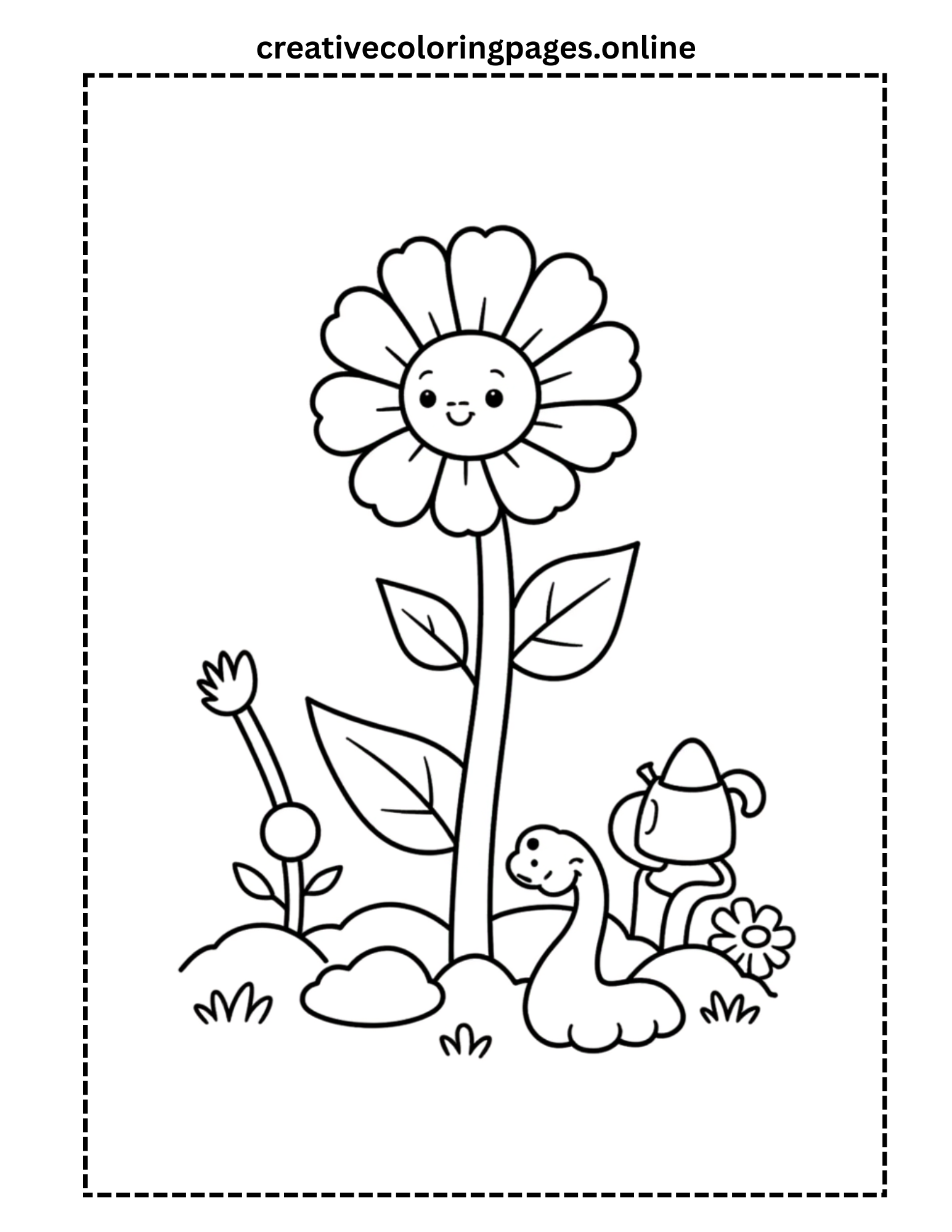 Flower with Garden Worm and Watering Can Coloring Page