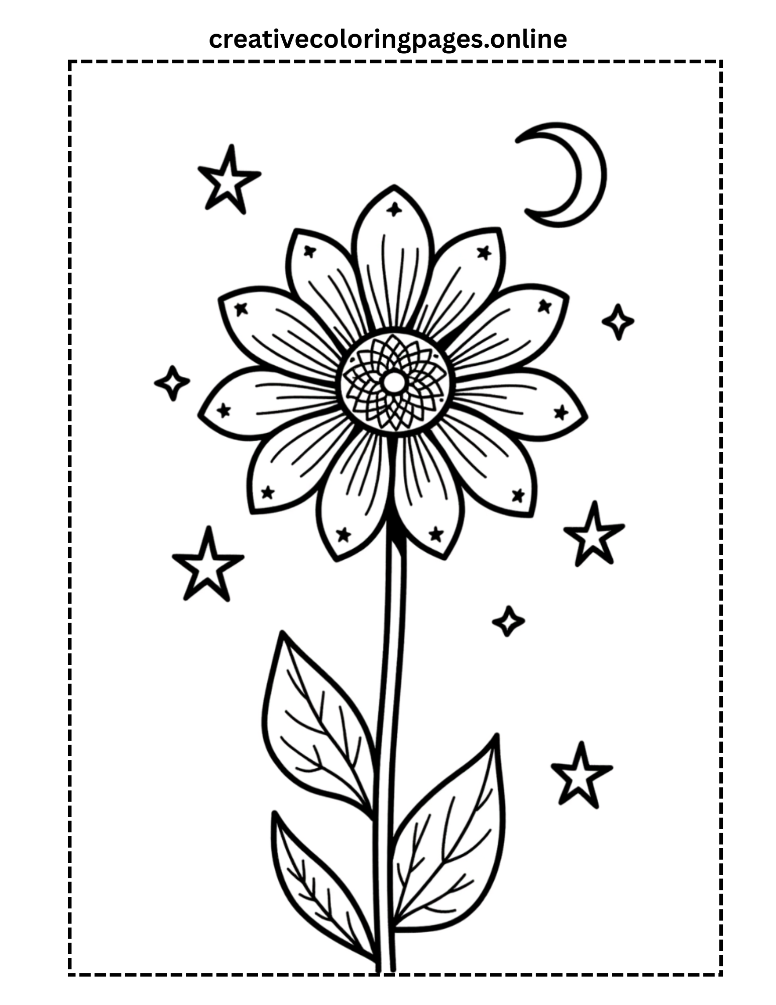 Celestial Flower with Moon and Stars Coloring Page - Image 1