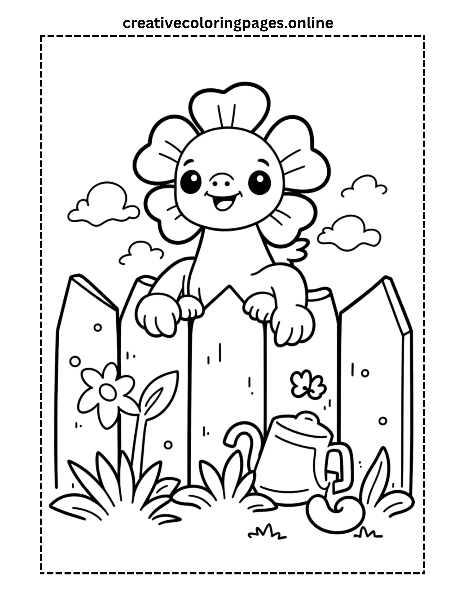 Flower Character Peeking Over Fence Coloring Page - Image 1