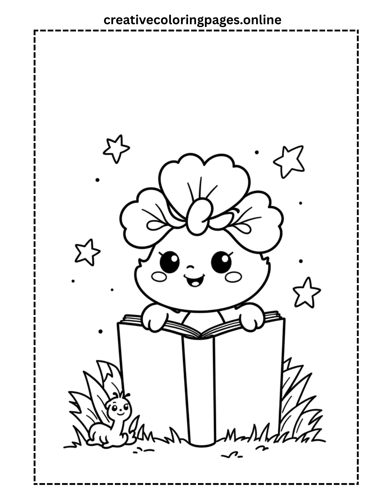 Flower Character Reading a Book Coloring Page