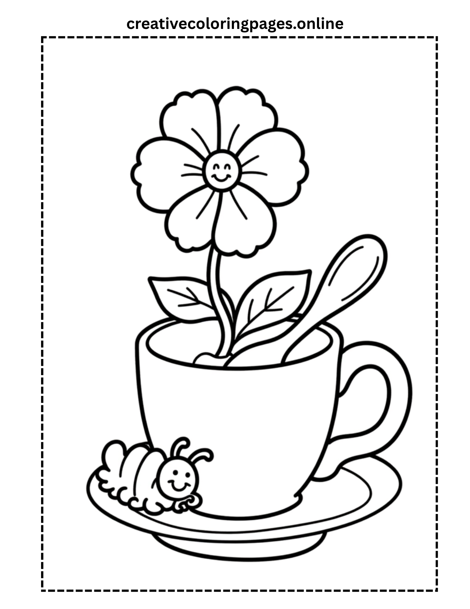 Flower in Teacup with Caterpillar Coloring Page - Image 1
