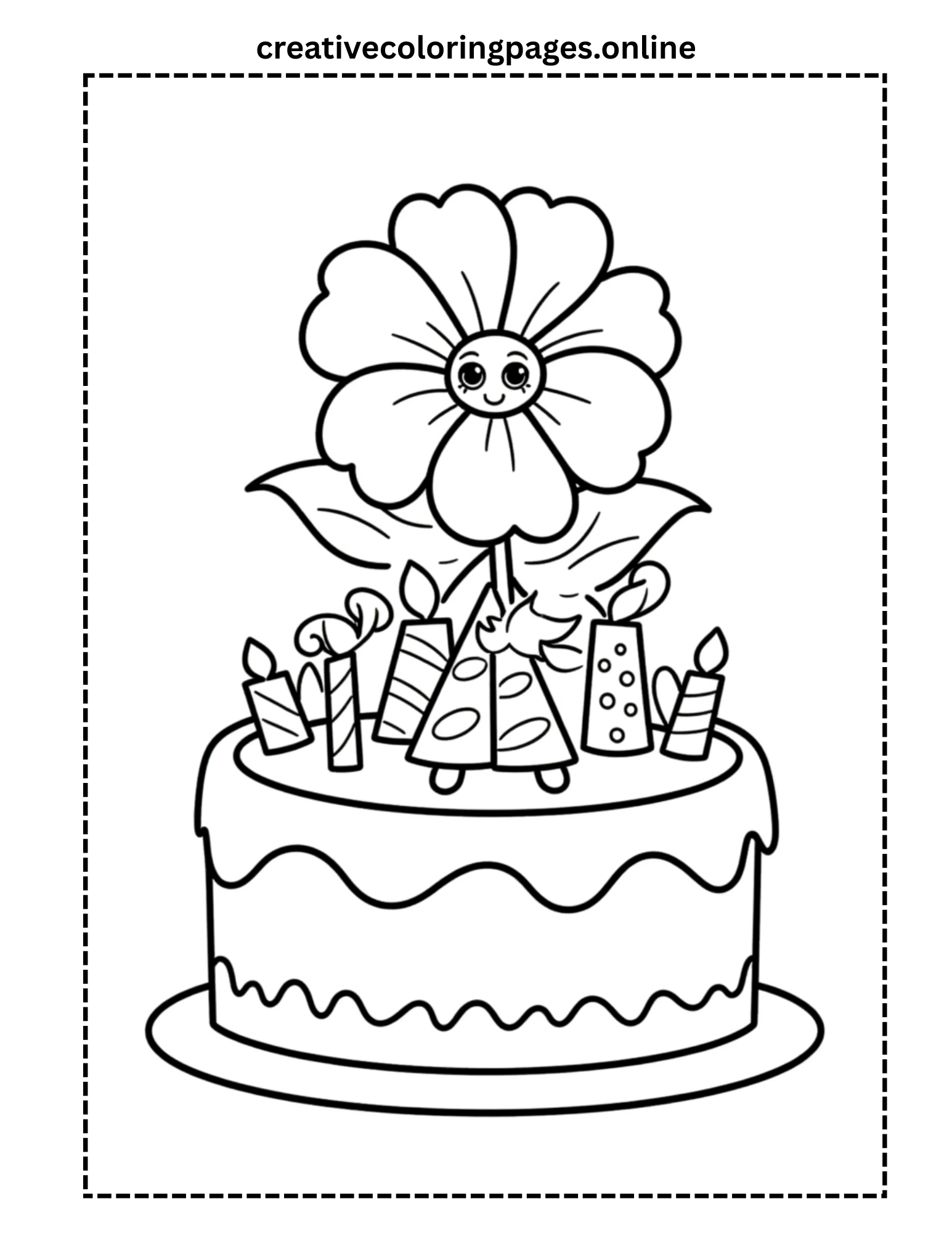 Birthday Cake with Flower Coloring Page - Image 1