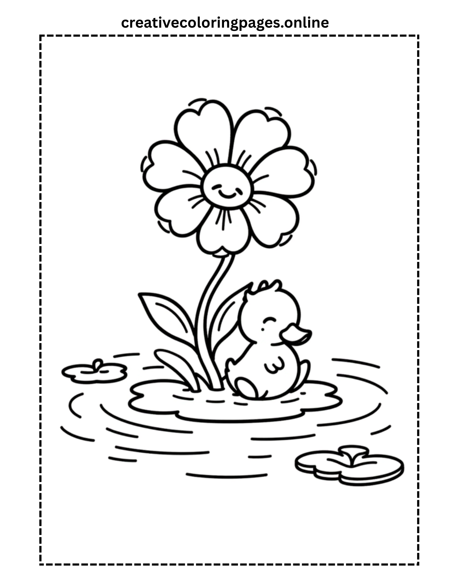 Duckling and Flower Pond Coloring Page - Image 1