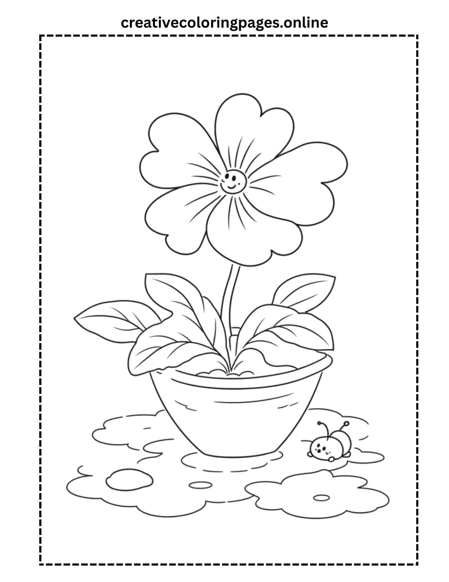 Bushy Potted Flower with Bug Coloring Page - Image 1