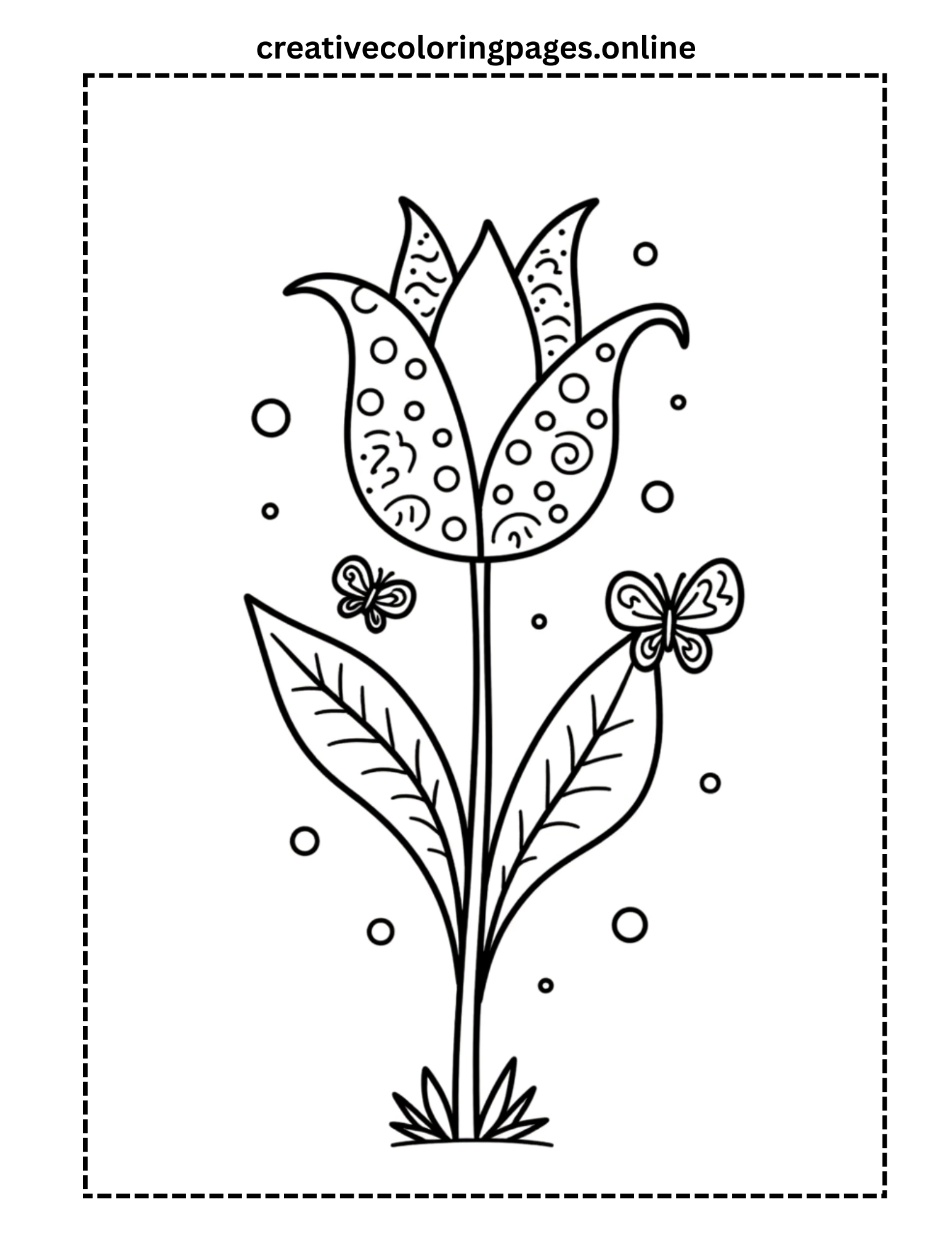 Patterned Tulip with Butterflies Coloring Page