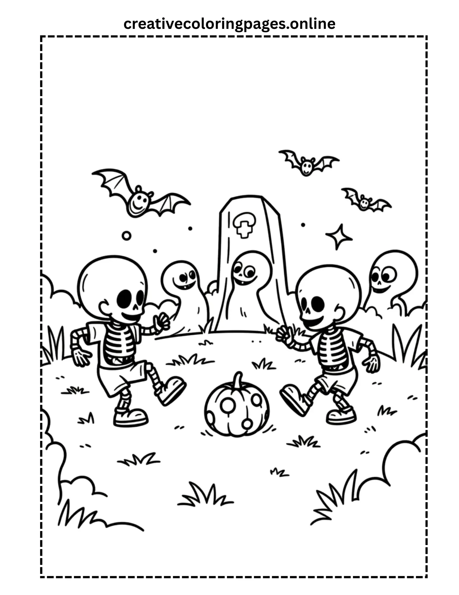 Skeletons and Ghosts Graveyard Coloring Page - Image 1