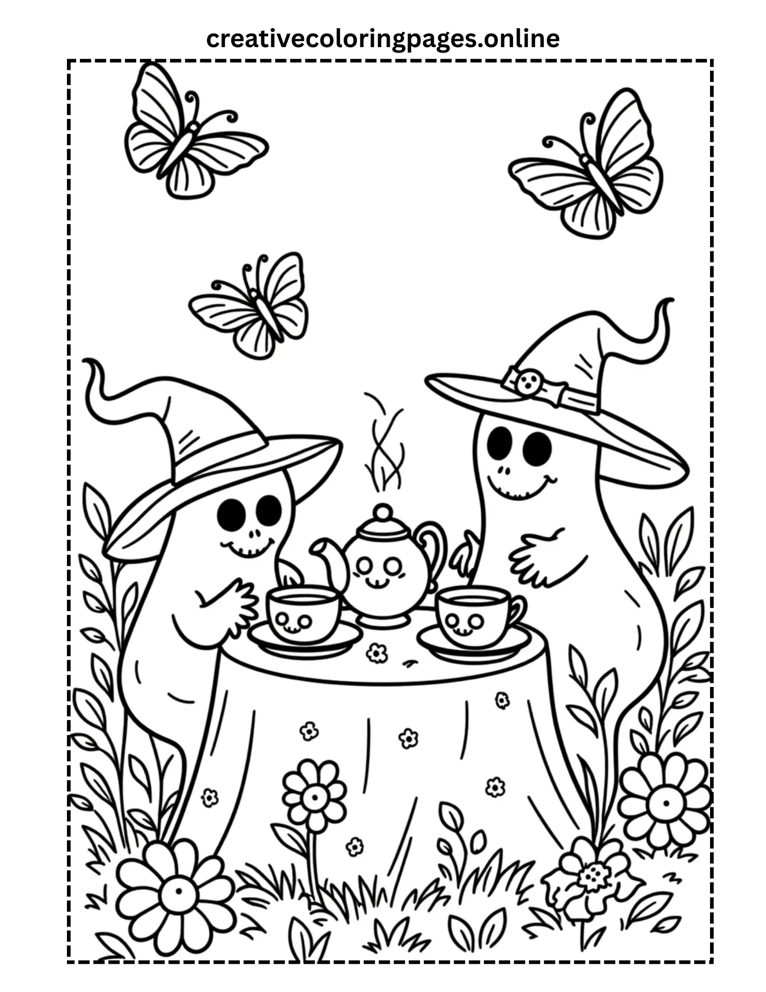 Witch Ghosts Tea Party Coloring Page - Image 1